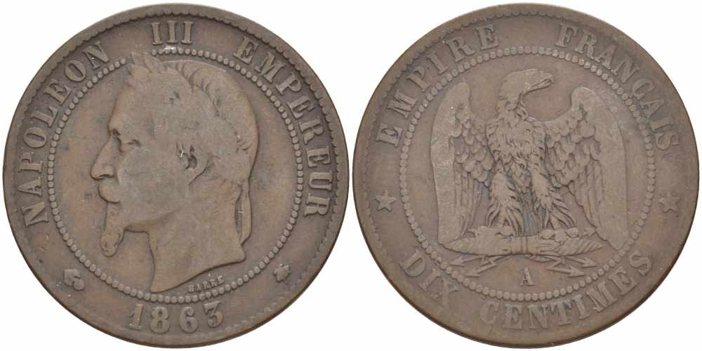 ФРАНЦИЯ 10 САНТИМОВ 1863 A, НАПОЛЕОН III (1852-1870) KM 798.1, LE FRANC 134.8 бронза 4389-536