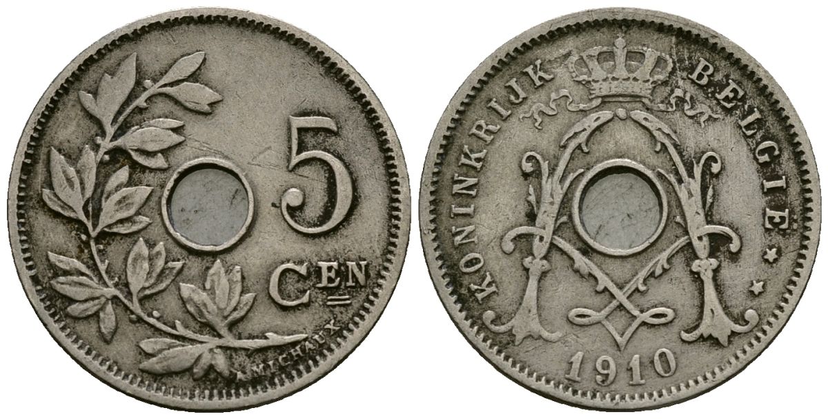 Бельгия 5 сантимов 1910 Belgie KM 67 медно-никель 4173-165