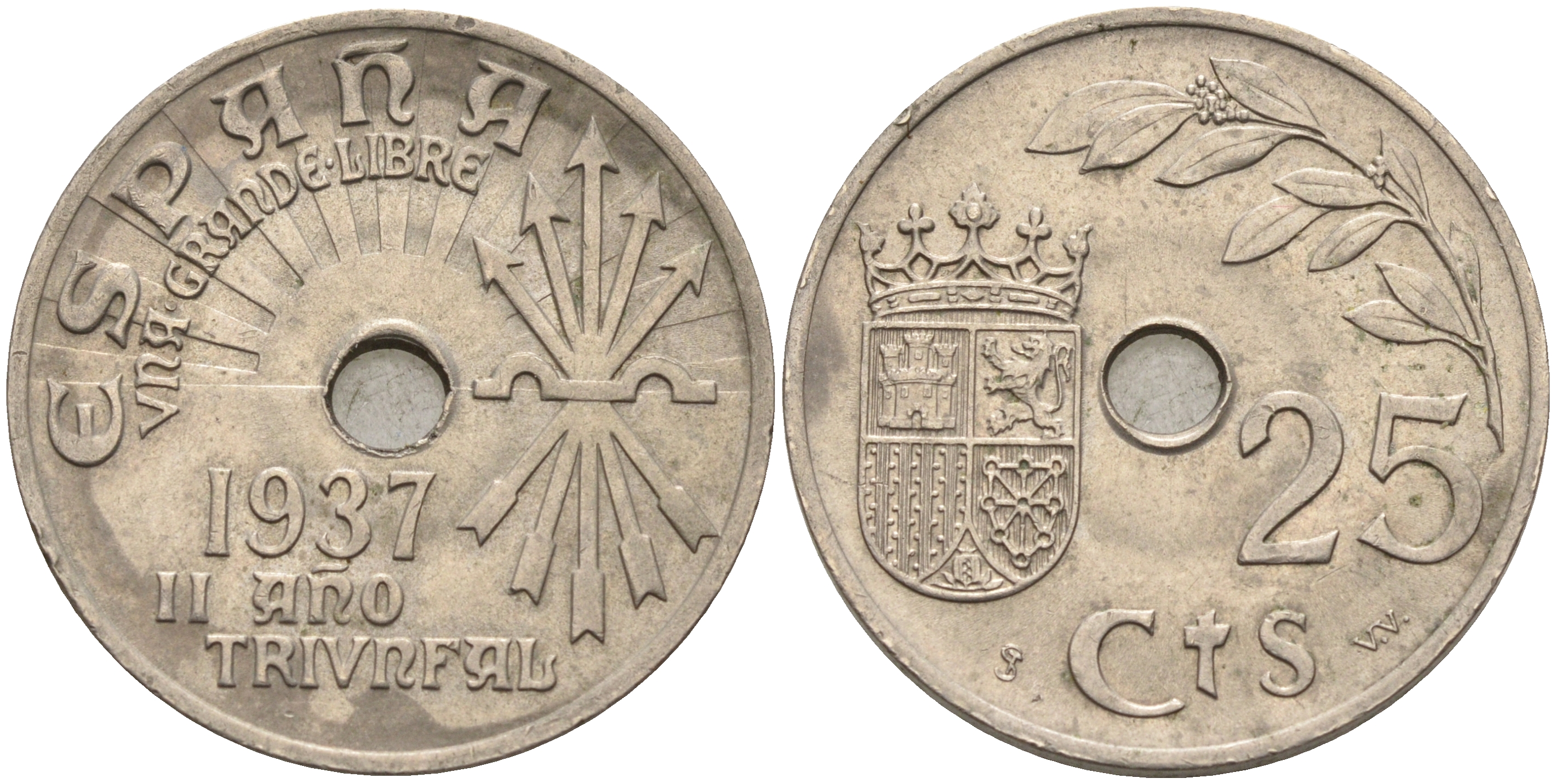 Испания 25 сентимо 1937 год тип KM 753 медно-никель    4595-1115