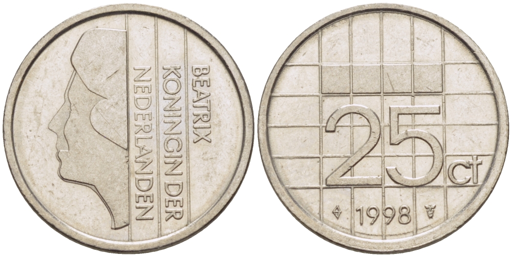 Нидерланды 25 центов 1998 Беатрикс (1980-2013) KM 204 никель 72-711