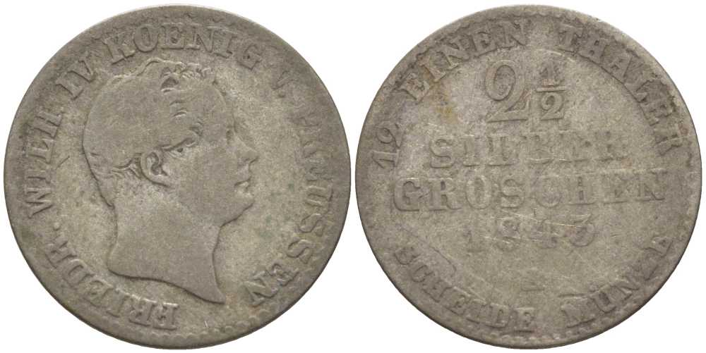 ПРУССИЯ 2 1/2 ГРОША 1843 А, ФРИДРИХ ВИЛЬГЕЛЬМ IV (1840-1861) KM 444 серебро 201-653