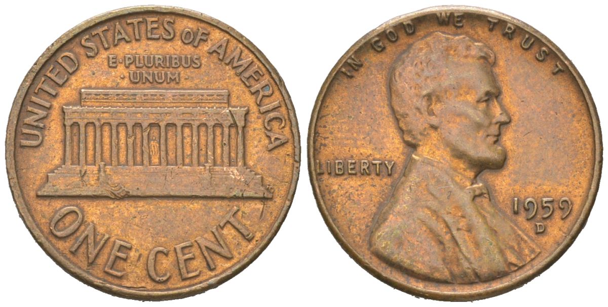 США 1 цент 1959 D, Авраам Линкольн KM 201 медь цинк 192-947