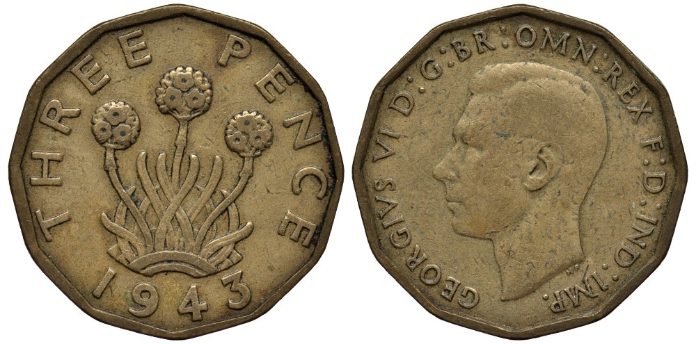 Великобритания 3 пенса 1943 Георг VI (1936-1952) KM 849, Spink 4112 никель латунь 4538-1116