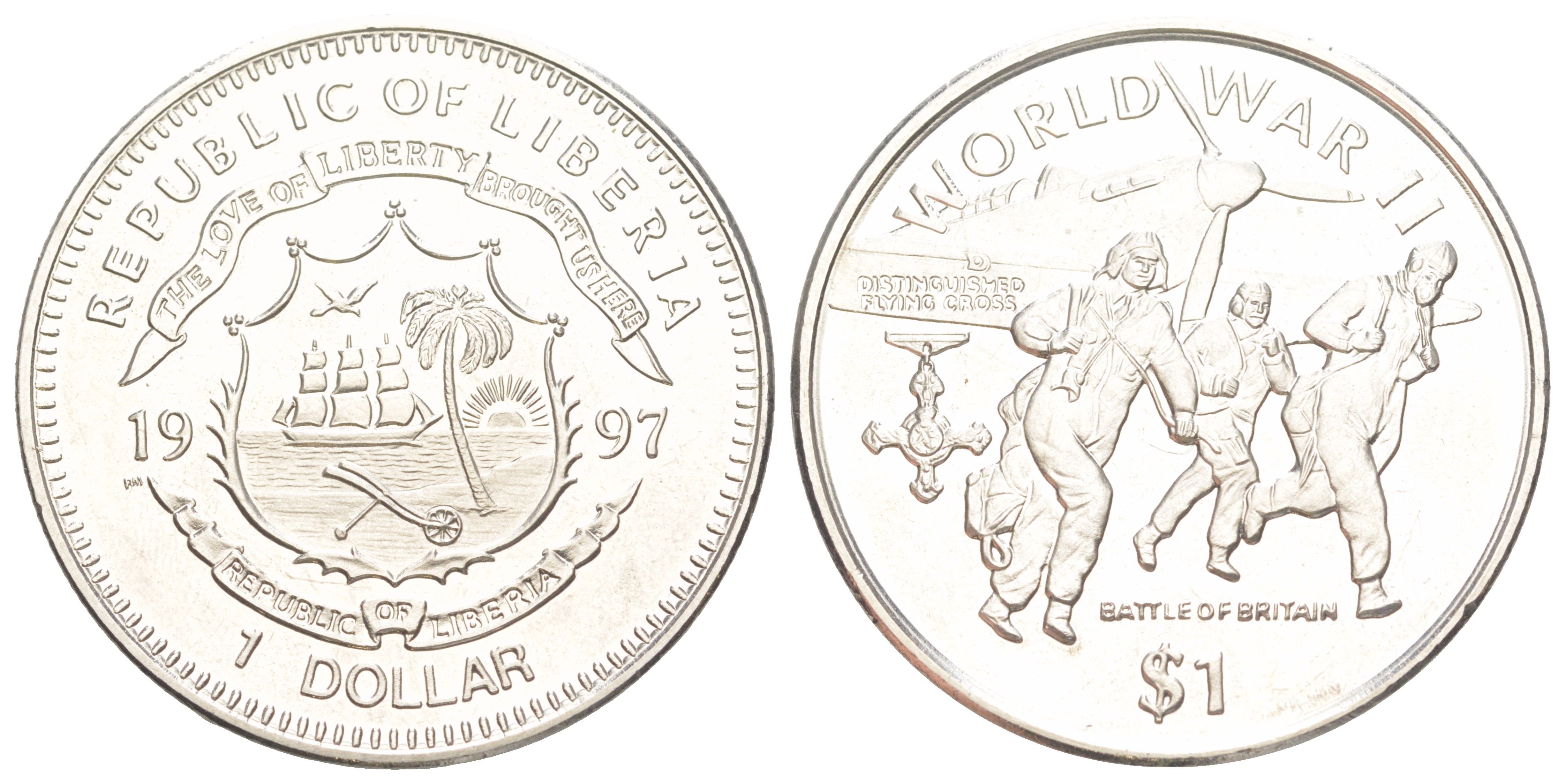 Либерия 1 доллар 1997 Вторая мировая война - Битва за Британию KM 304 медно-никель BU 4044-213