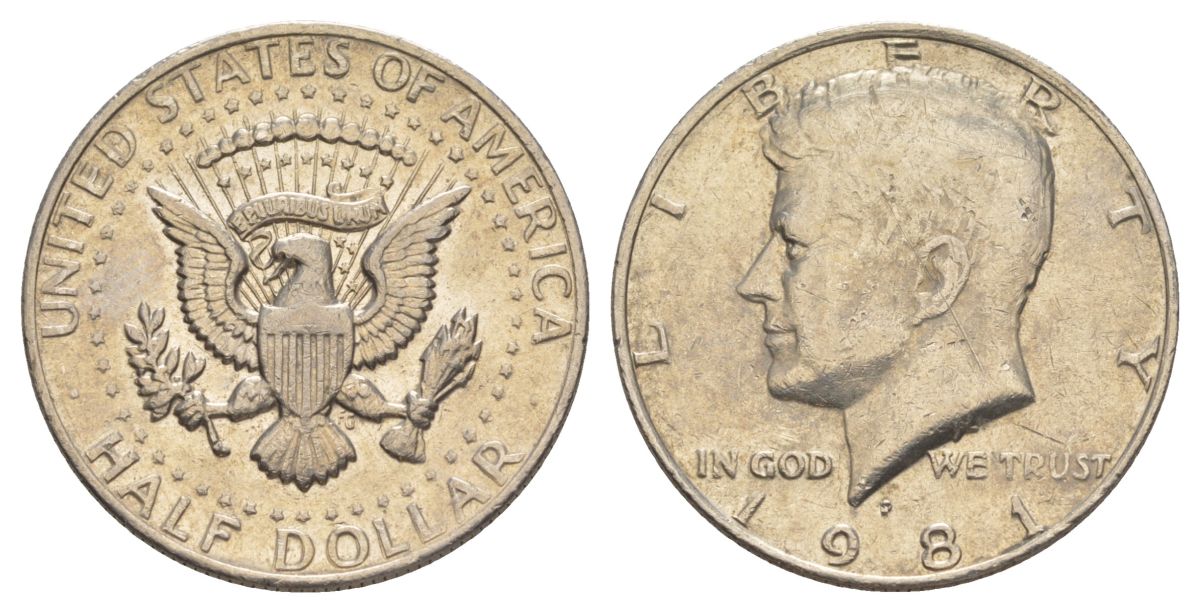 США 1/2 доллара (50 центов) 1981 P, Джон Кеннеди KM A202b медь плакированная медно-никелем aUNC 4517-533