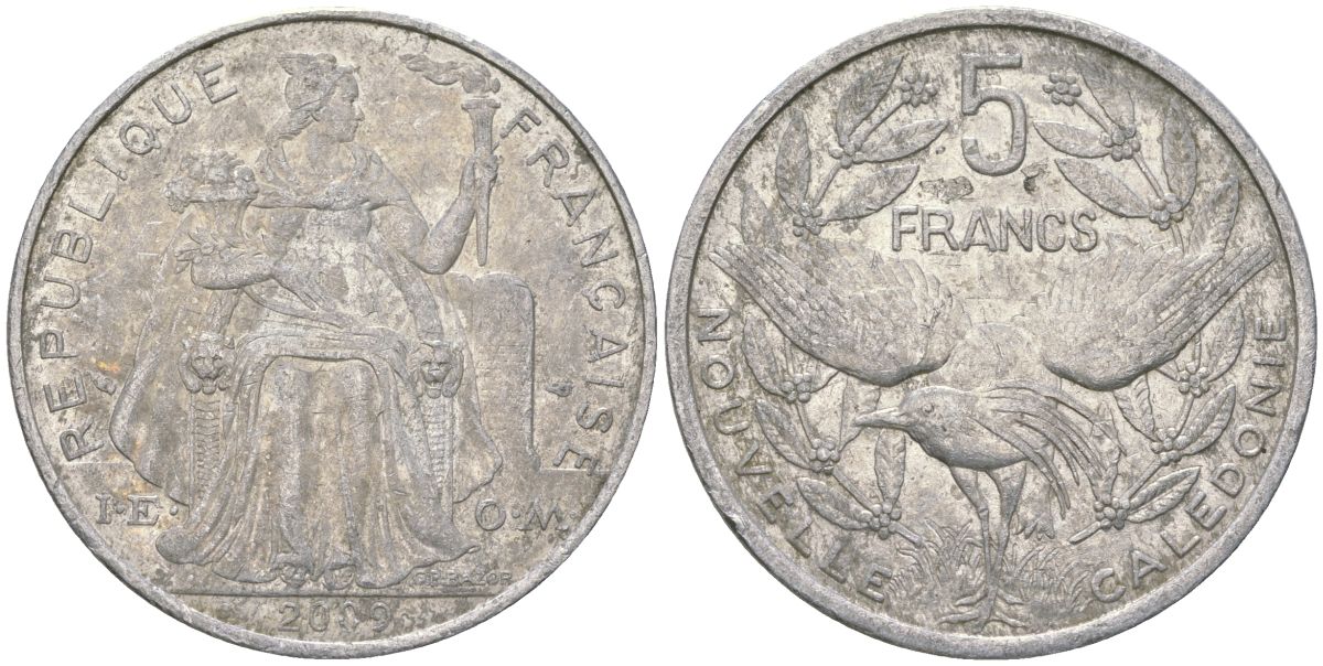 Французская Новая Каледония 5 франков 2009 птица кагу, (IEOM) KM 16, Schoen 12, Lec 81k алюминий 221-831