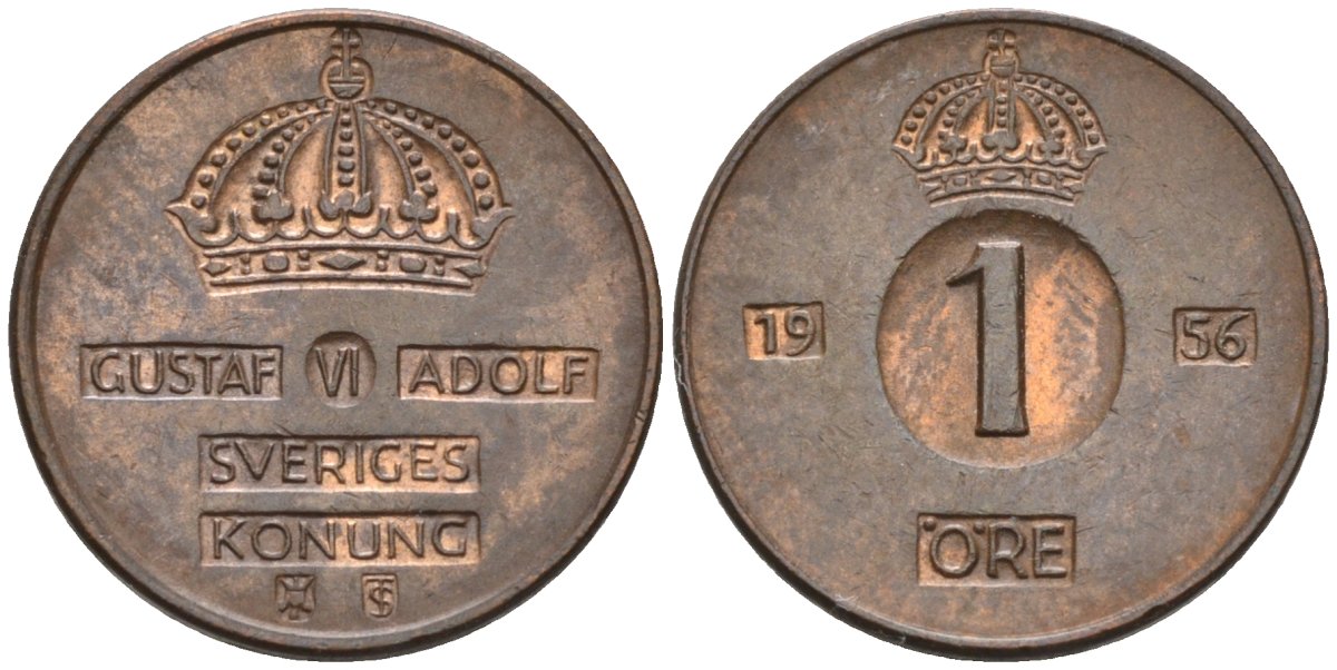 Швеция 1 эре 1956 Густав VI Адольф (1950-1973) KM 820 бронза 4580-1056
