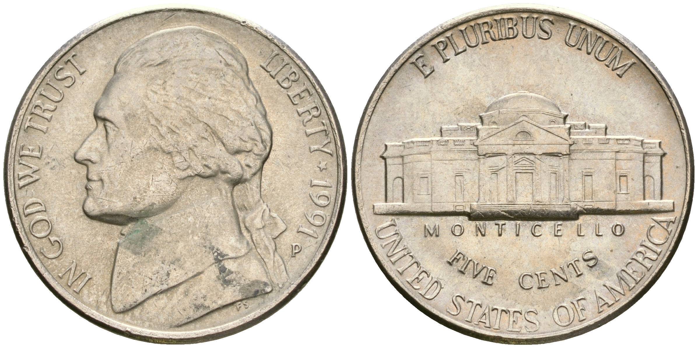 США 5 центов 1991 Р, Томас Джефферсон KM А192 медно-никель    4364-3542