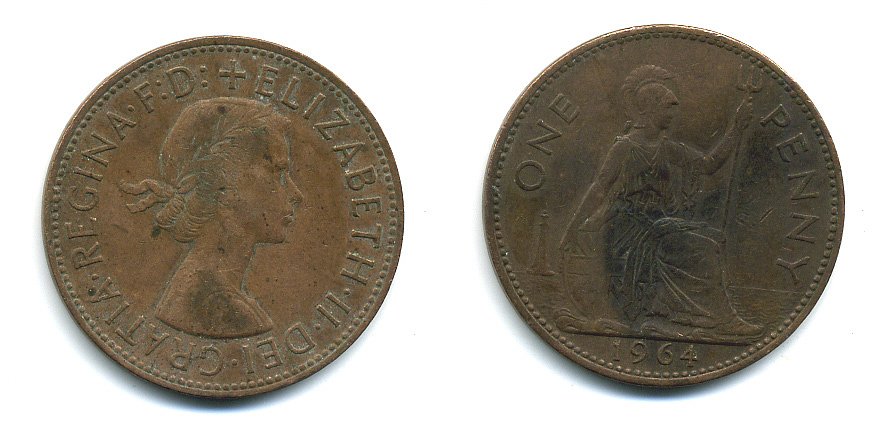 Великобритания 1 пенни 1964 Елизавета II (1952-2022) KM 897, Spink 4157 бронза 4110-343