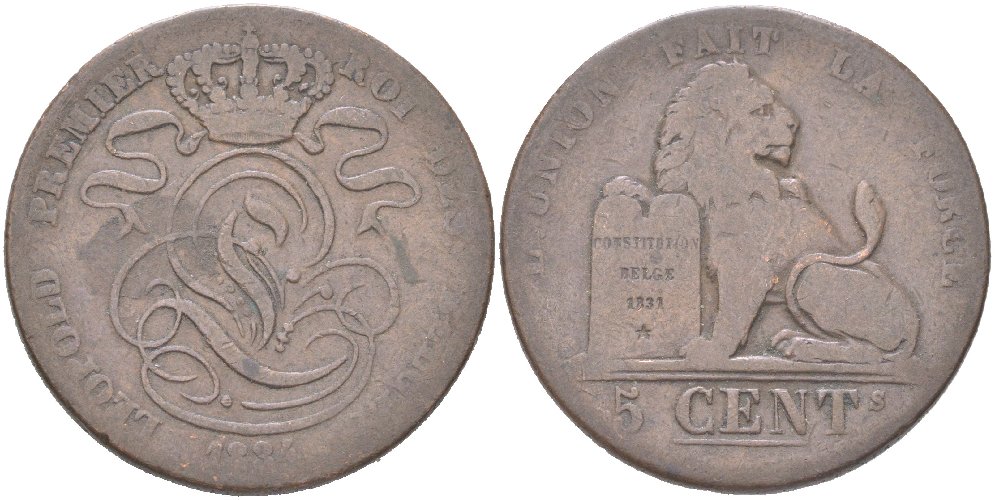 Бельгия 5 сантимов 1834 Belges, Леопольд I (1831-1865) KM 5 медь 4620-1012