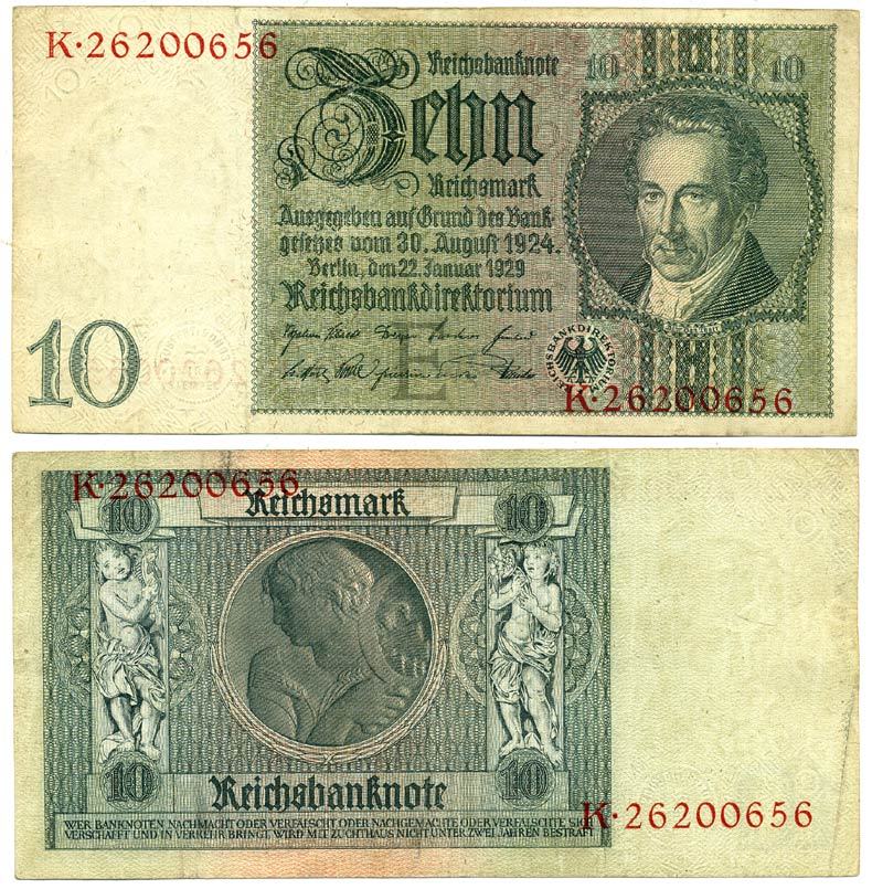 Германия 10 рейхсмарок 1929 Альбрехт Д. Тэер, буква L, серия K Pick 180a, Ros. 173е  бумага 3295-61-3