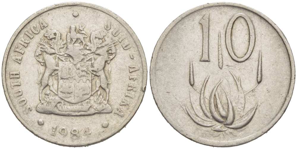 ЮАР 10 центов 1984 герб, цветок алоэ KM 85 никель 217-642