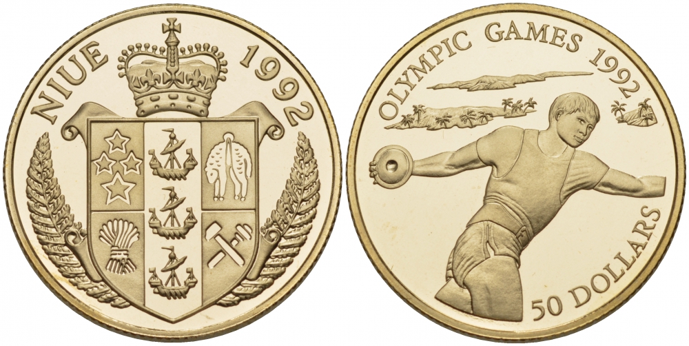 Ниуэ 50 долларов 1992 Олимпийские игры 1992 года, дискобол, тираж 6000 экз. KM 71 золото PROOF 00-808-13
