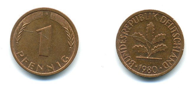 ФРГ 1 ПФЕННИГ 1980 F KM 105, J.380 сталь плакированная медью 54-1157