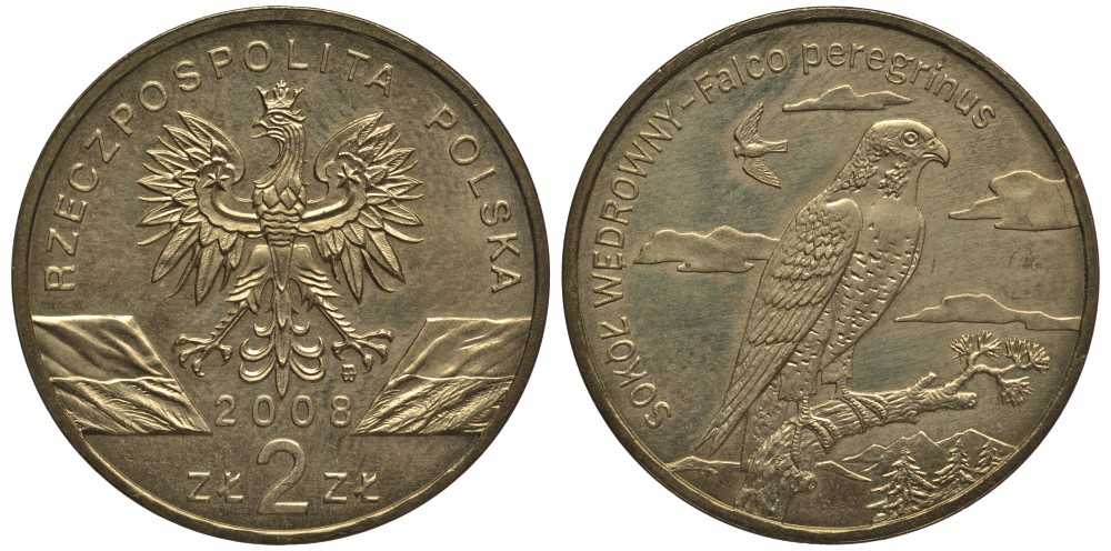 Польша 2 злотых 2008 MW, серия сохраним природу, сапсан KM 627 нордик  UNC 114-416