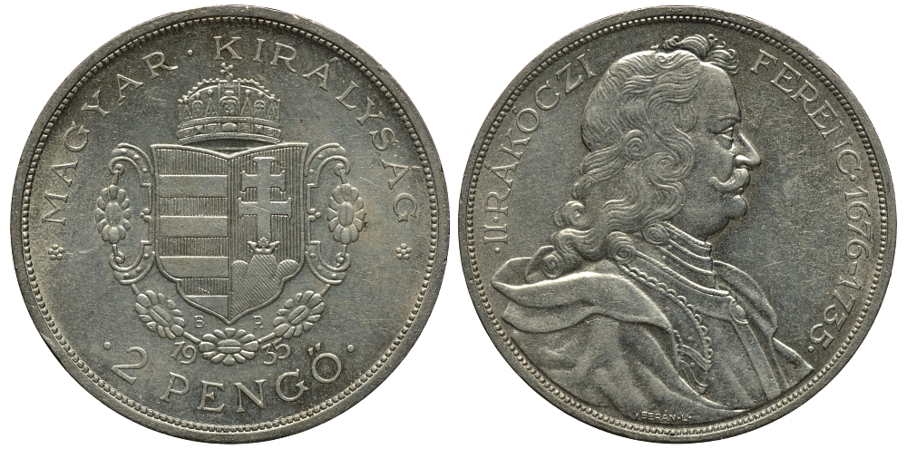 Венгрия 2 пенге 1935 50 лет со дня смерти Ференца II Ракоци KM 514 серебро aUNC 3896-1131