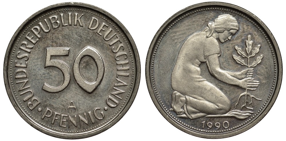 ФРГ 50 пфеннигов 1990 А, монетный двор Берлин KM 109.2, J. 384а медно-никель 186-832