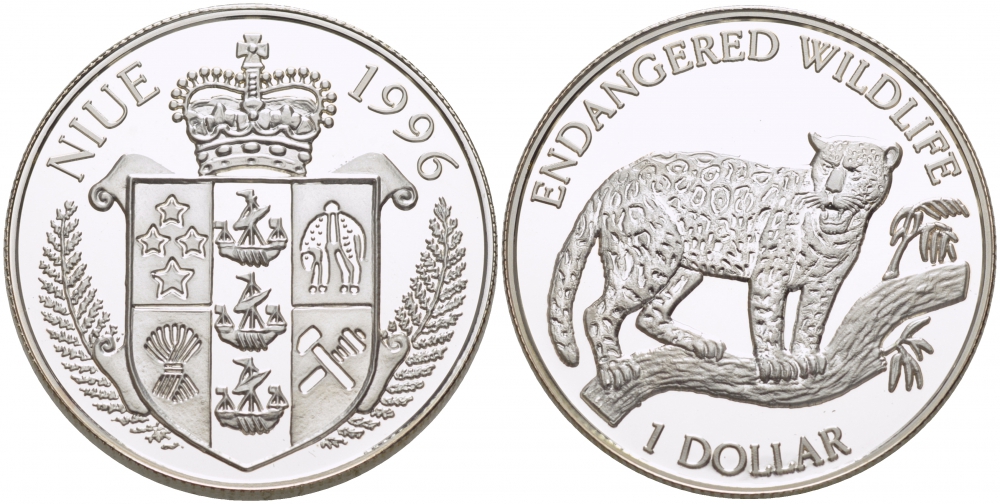Ниуэ 1 доллар 1996 серия исчезающие виды животных, ягуар KM 113 серебро PROOF 1082-1-43