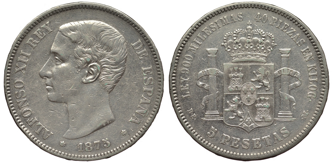 Испания 5 песет 1875 DE-M, АЛЬФОНСО XII КМ 671 серебро 1521-1223