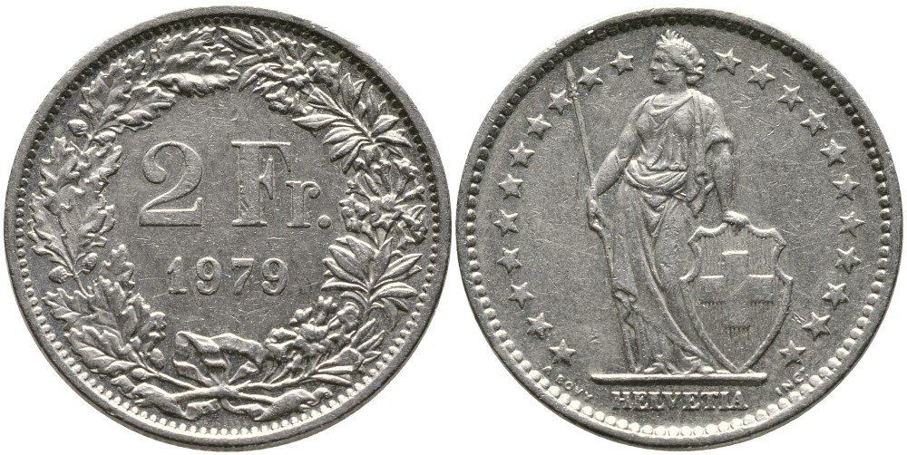 ШВЕЙЦАРИЯ 2 ФРАНКА 1979 KM 21а.1 медно-никель 4538-156