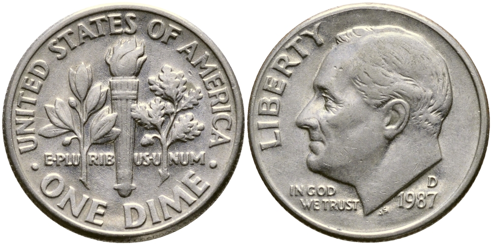 США 10 ЦЕНТОВ = 1 ДАЙМ 1987 D, РУЗВЕЛЬТ KM 195а медь плакированная медно-никелем 46-2433