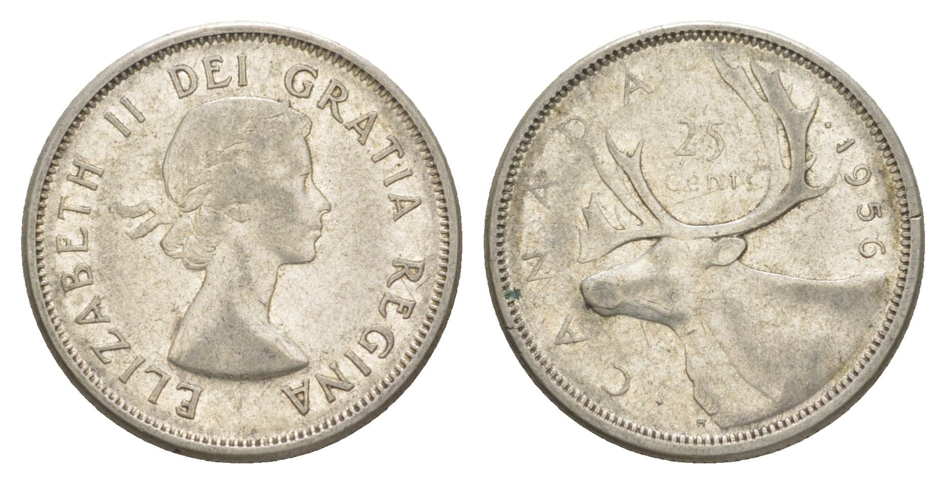 Канада 25 центов 1956 Елизавета II (1952-2022), олень KM 52 серебро 73-1452