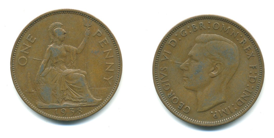 Великобритания 1 пенни 1938 Георг VI (1936-1952) KM 845, Spink 4114 бронза 540-634