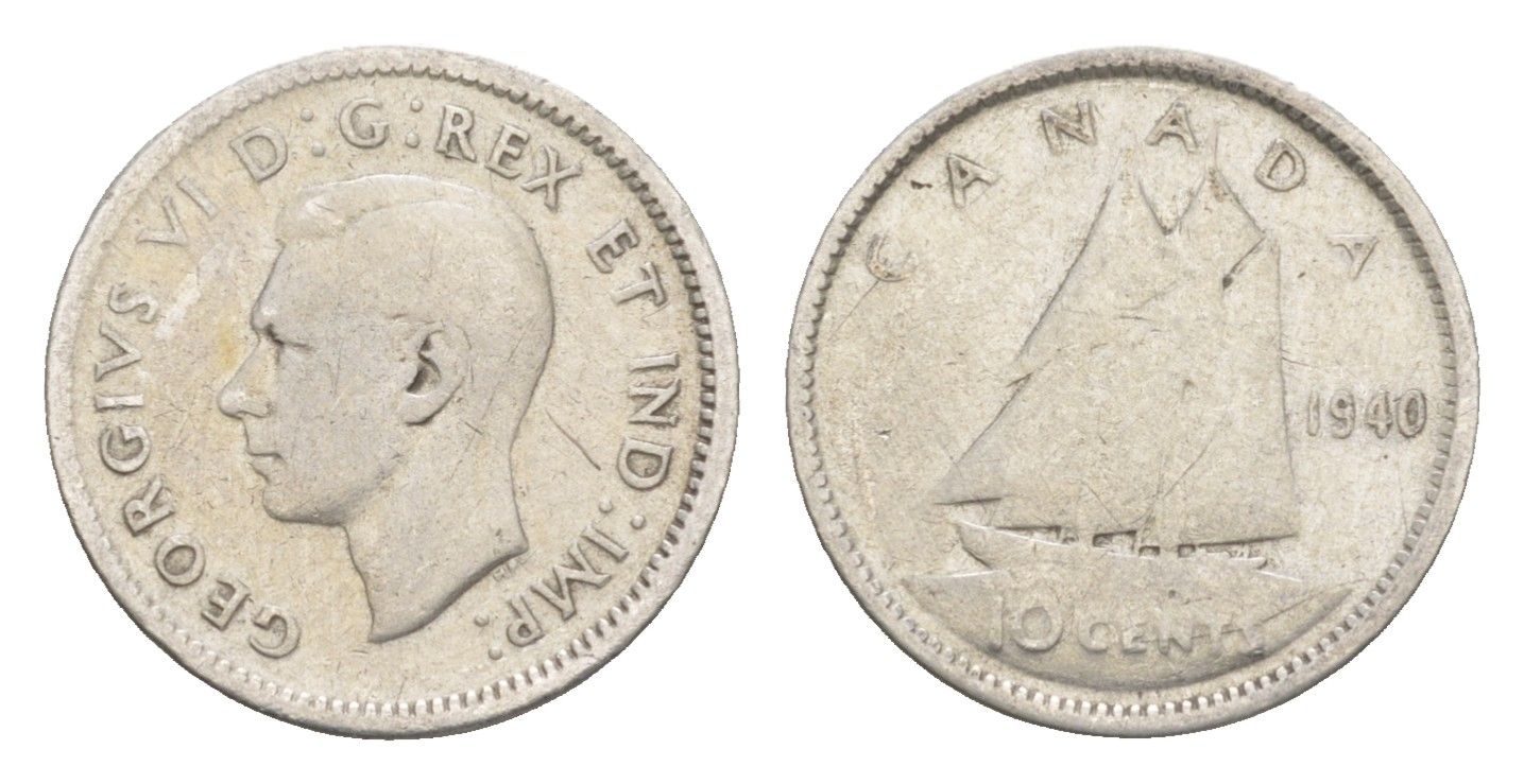 Канада 10 центов 1940 Георг VI (1936-1952), парусник KM 34 серебро 4651-342
