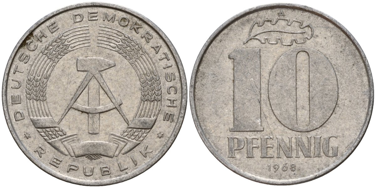 ГДР 10 пфеннигов 1968 A KM 10 алюминий 55-455