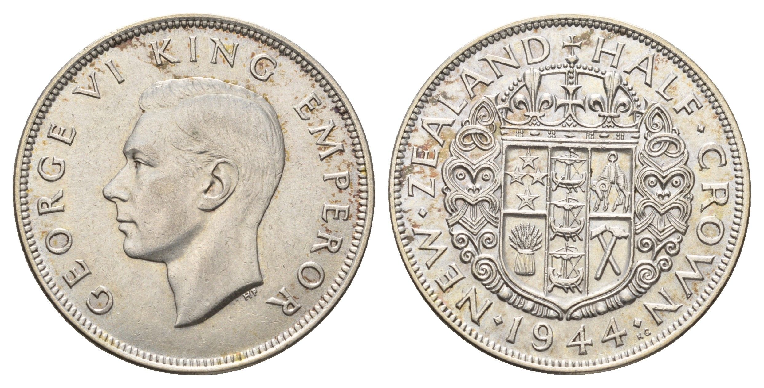Новая Зеландия 1/2 кроны 1944 Георг VI (1936-1952), редкий год KM 11 серебро 3711-622