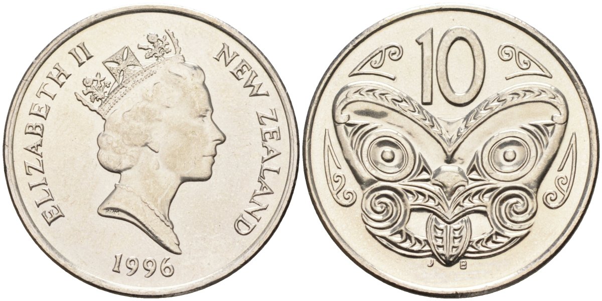 Новая Зеландия 10 центов 1996 Елизавета II (1952-2022), маска маори KM 61 медно-никель 4126-1236
