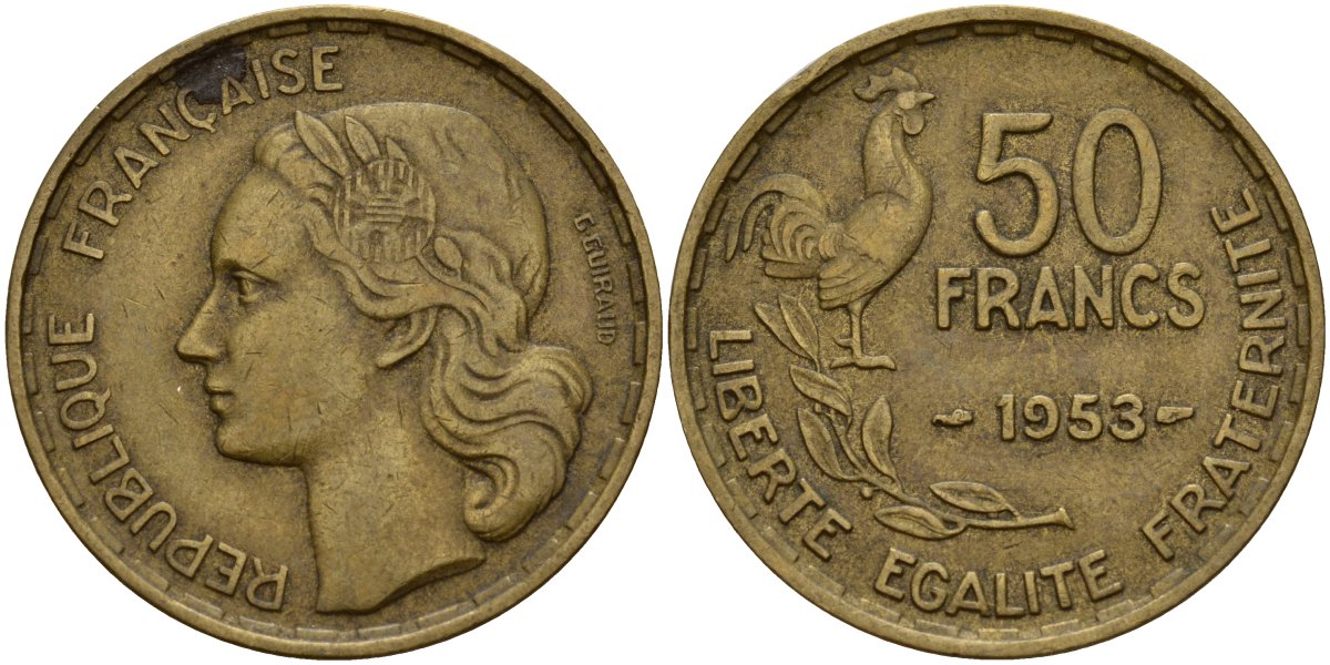 Франция 50 франков 1953 B, Петух KM 918.1, Le Franc 425.5 алюминиевая бронза 4157-226