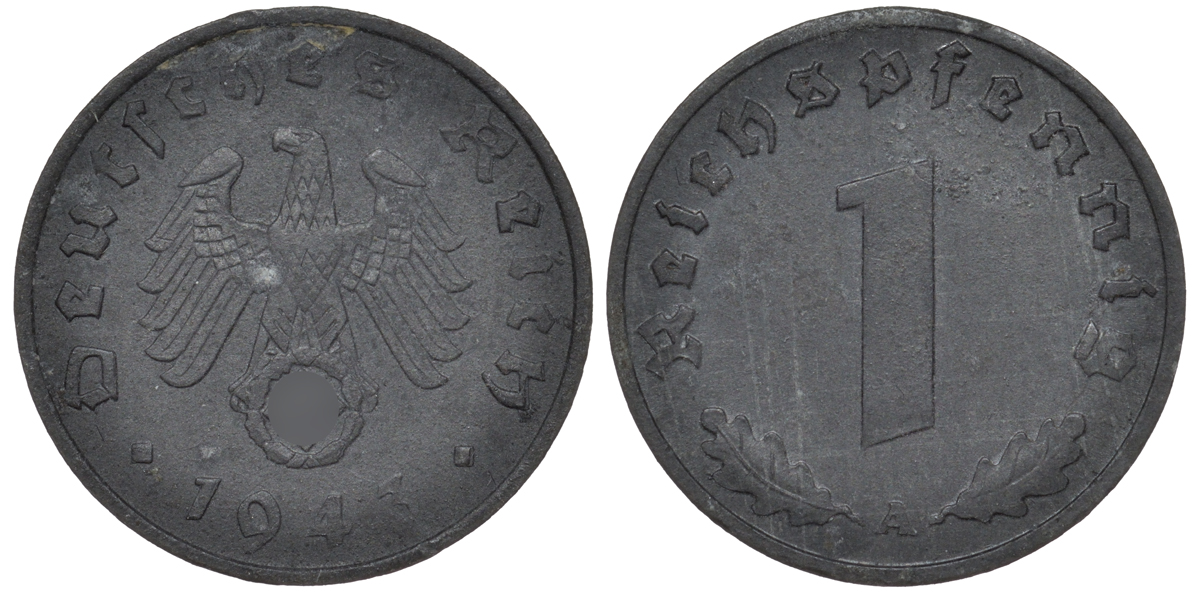Германия 1 рейхспфенниг 1943 A KM 97, J. 369 цинк 4519-731