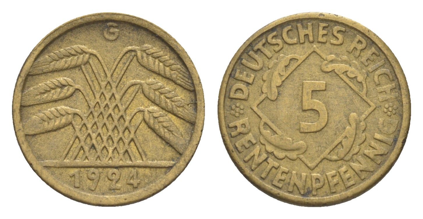 Германия 5 рентенпфеннигов 1924 G KM 32, J. 308 алюминиевая бронза 4636-451