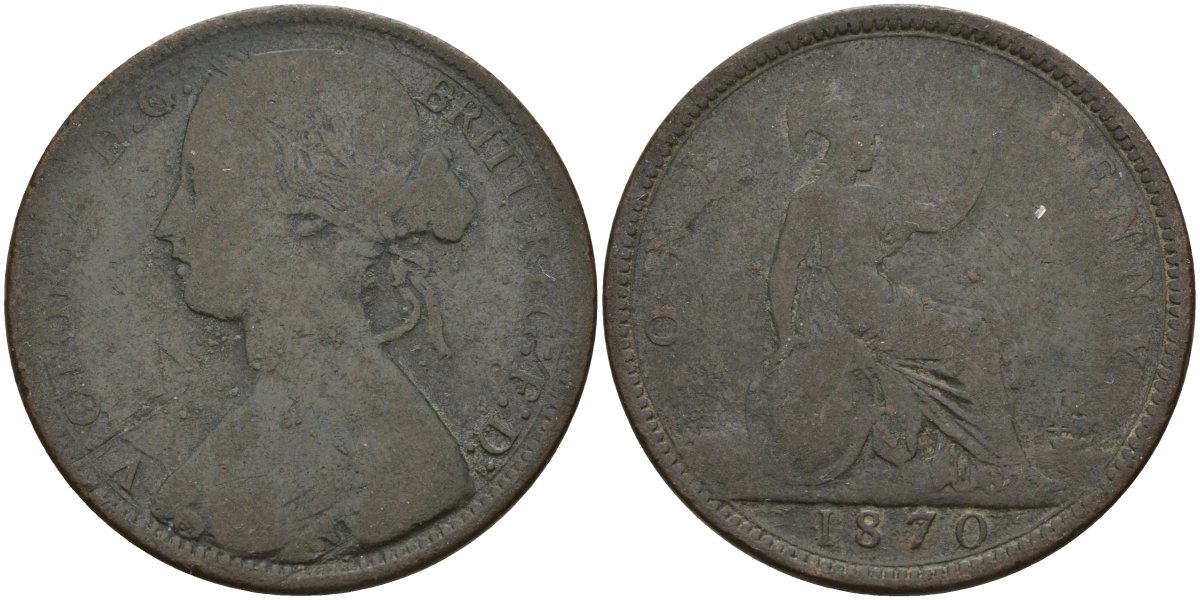 Великобритания 1 пенни 1870 Виктория (1837-1901) KM 749.2, Spink 3954 бронза 4144-635
