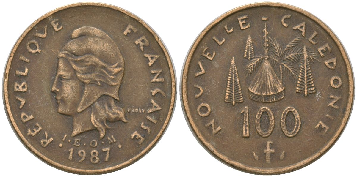 Французская Новая Каледония 100 франков 1987 хижина среди сосен и пальм, (IEOM) KM 15, Schoen 16, Lec 135 никель латунь 4137-936