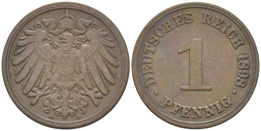 ГЕРМАНИЯ 1 ПФЕННИГ 1898 A KM 10, J. 10, Weege 2 медь 211-225