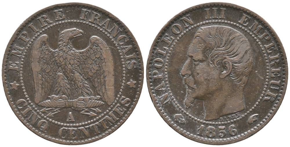 ФРАНЦИЯ 5 САНТИМОВ 1856 А, НАПОЛЕОН III (1852-1870) KM 777.1, LA FRANC 116.30 бронза 34-437