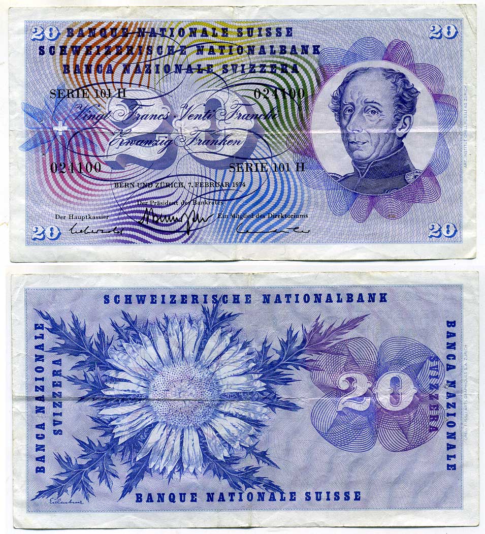Швейцария 20 франков 1974 Brenno Galli - Leutwiler - Aebersold, Гийом-Анри Дюфур Pick 46 v (3) бумага 8564-25-3-1
