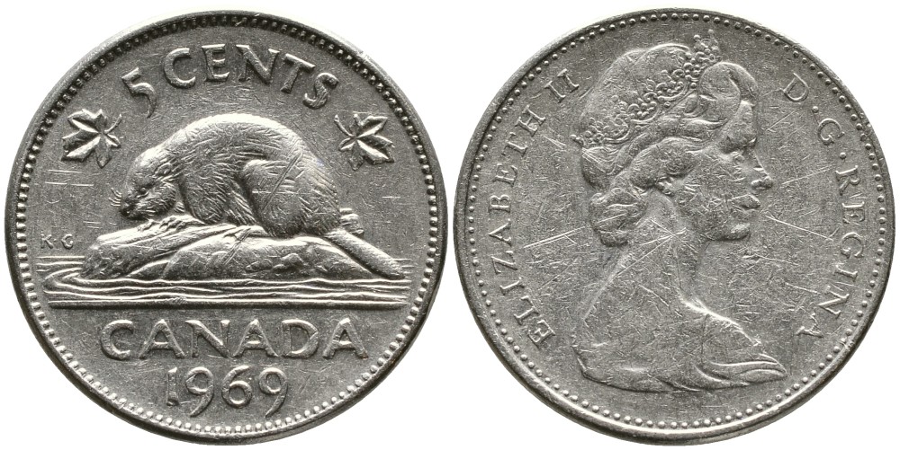 КАНАДА 5 ЦЕНТОВ 1969 ЕЛИЗАВЕТА II (1952-), БОБР, ВТОРОЙ ПОРТРЕТ В КОРОНЕ KM 60.1 никель 4543-643