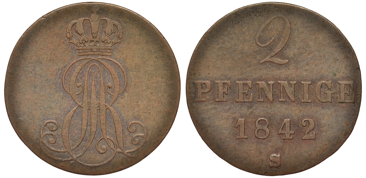 Ганновер 2 пфеннига 1842 S, Эрнст Август (1837-1851) KM 174.2, AKS 123, J. 55 медь 75-1734