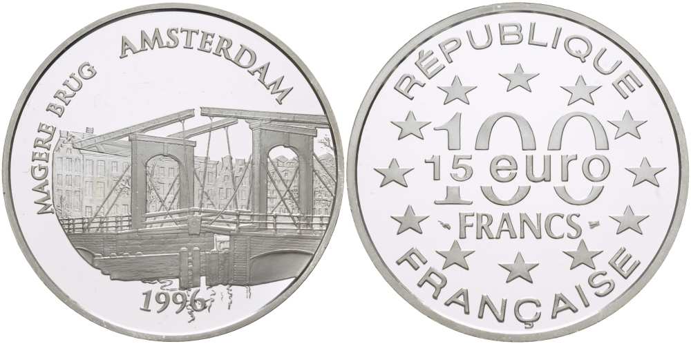 Франция 100 франков - 15 евро 1996 серия архитектурные монументы Европы, Магере-Брюг в Амстердаме, разводной мост через реку Амстел KM 1156 серебро PROOF 1074-4-64