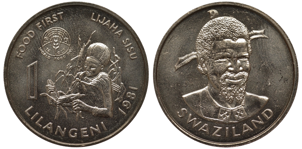 Свазиленд 1 лилангени 1981 FAO, еда для всех, африканка KM 32 медно-никель UNC M24-05