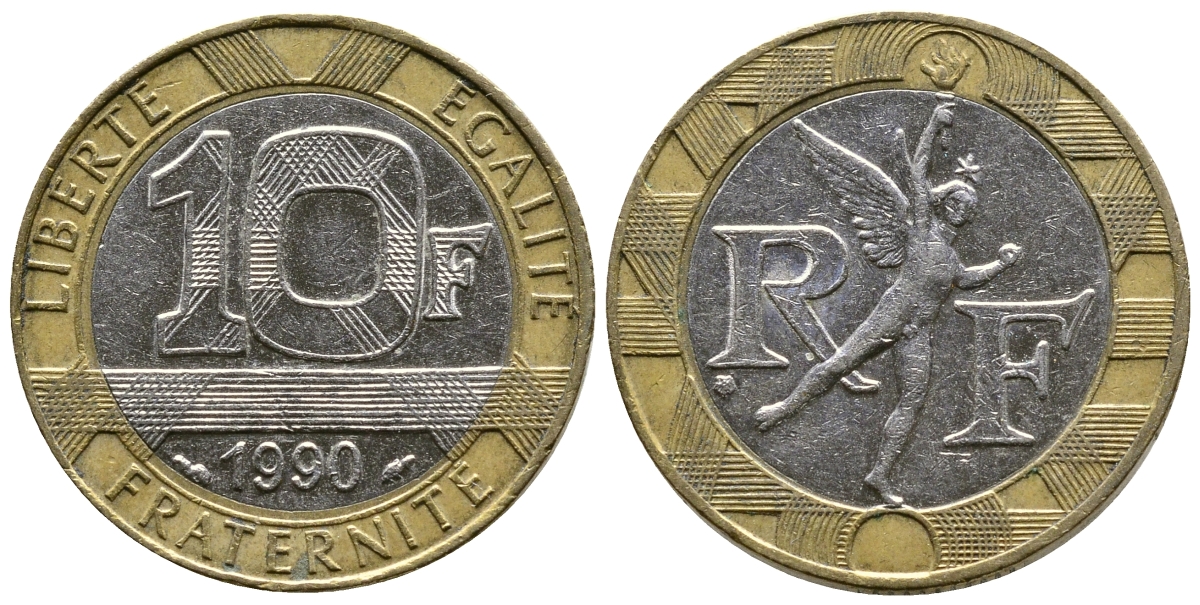 Франция 10 франков 1990 тип Гений Бастилии KM 964.1, Le Frank 375.5 биметалл 51-5135