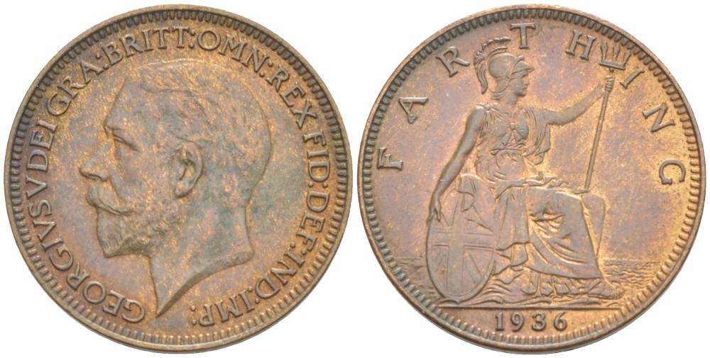 Великобритания 1 фартинг 1936 Георг V (1910-1936) KM 825, Spink 4061 бронза 4543-1053
