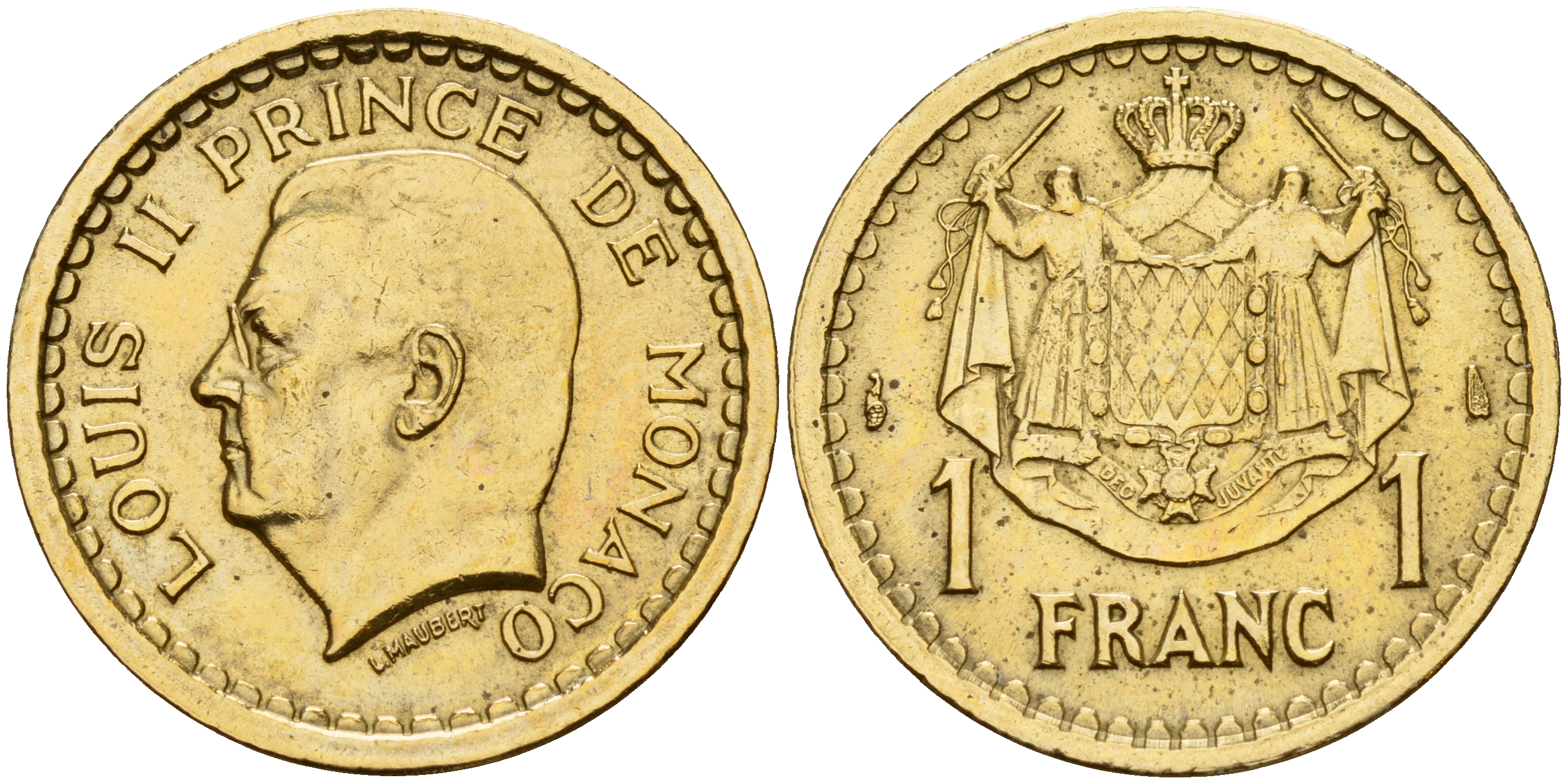 Монако 1 франк 1945 Луи II (1922-1949) KM 120 a алюминиевая бронза 4601-935