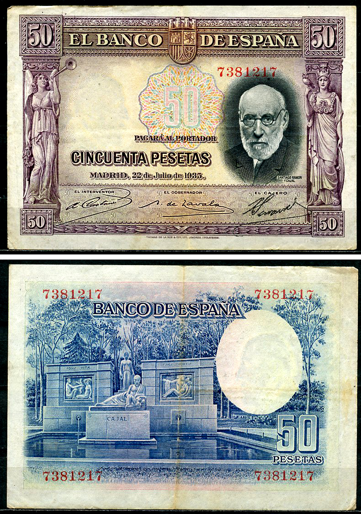 Испания 50 песет 1935 сиреневая, Сантьяго Рамон-и-Кахаль, памятник Pick 88  бумага  6294-59-2-2