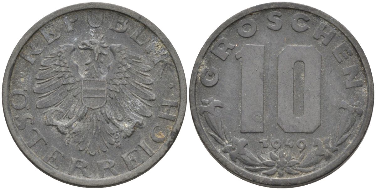 Австрия 10 грошей 1949 KM 2874 цинк 4126-341