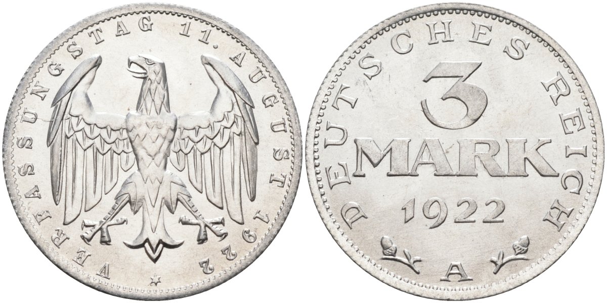 Германия 3 марки 1922 A, третья годовщина Веймарской Конституции KM 29, J.303 алюминий UNC 4587-322