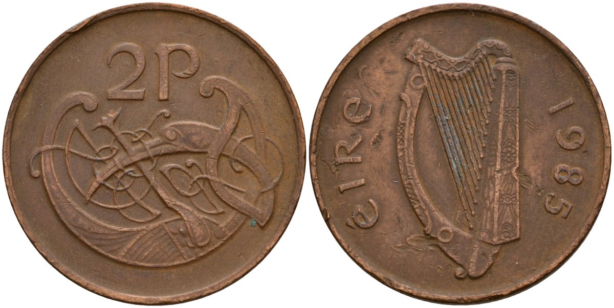 Ирландия 2 пенсов 1985 Виньетка в виде стилизованной птицы из второй библии Карла II Лысого KM 21 бронза 4140-246